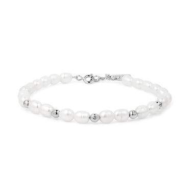 Silver Freshwater Pearl and White Cubic Zirconia Bezel Set Bracelet