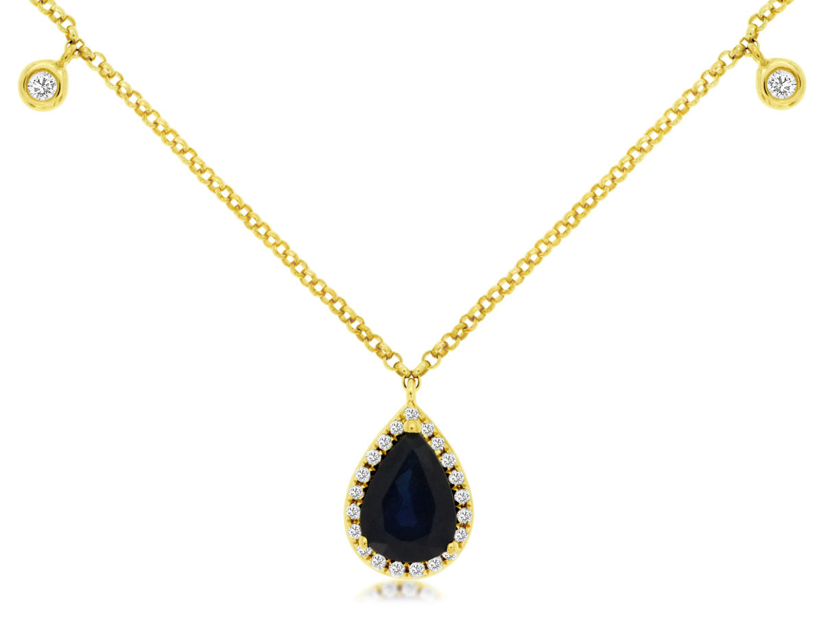 14kt Yellow Gold Pear Cut Blue Sapphire & Diamond Necklace
