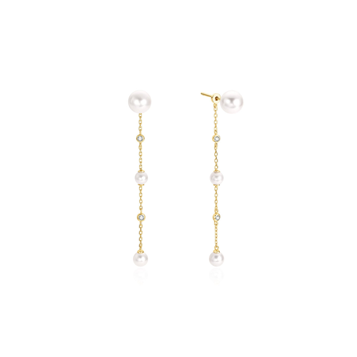 Gold Cascade Shell Pearl Station Drop Stud Earrings