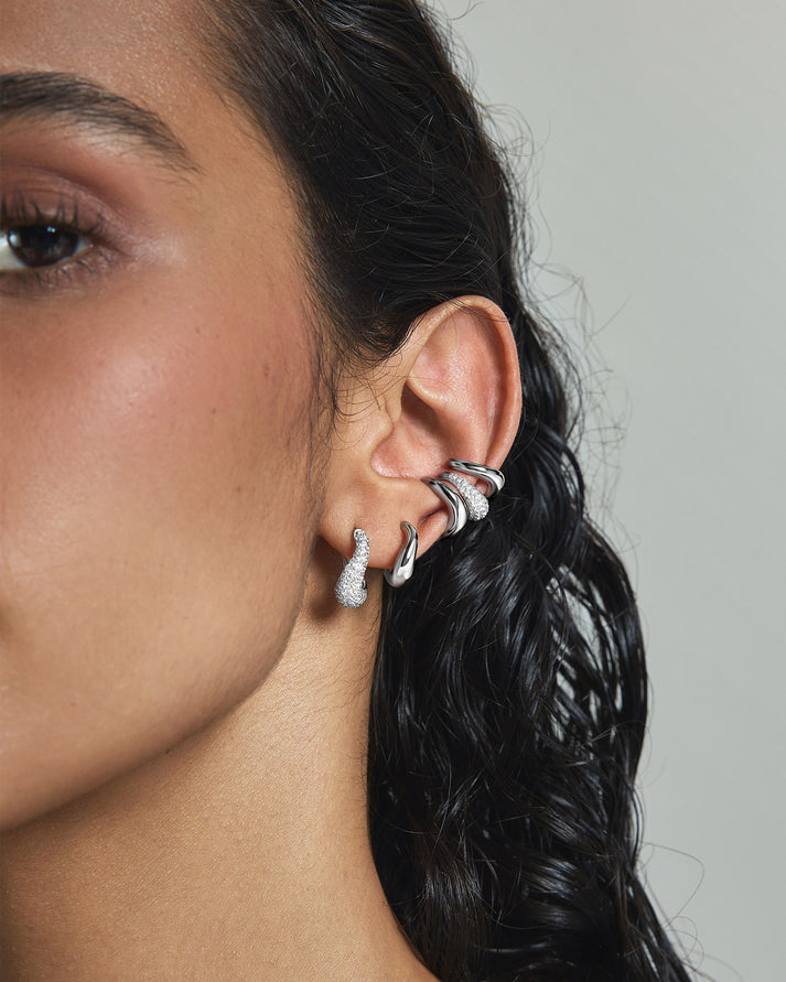 Silver Wave Huggie Hoop Earrings