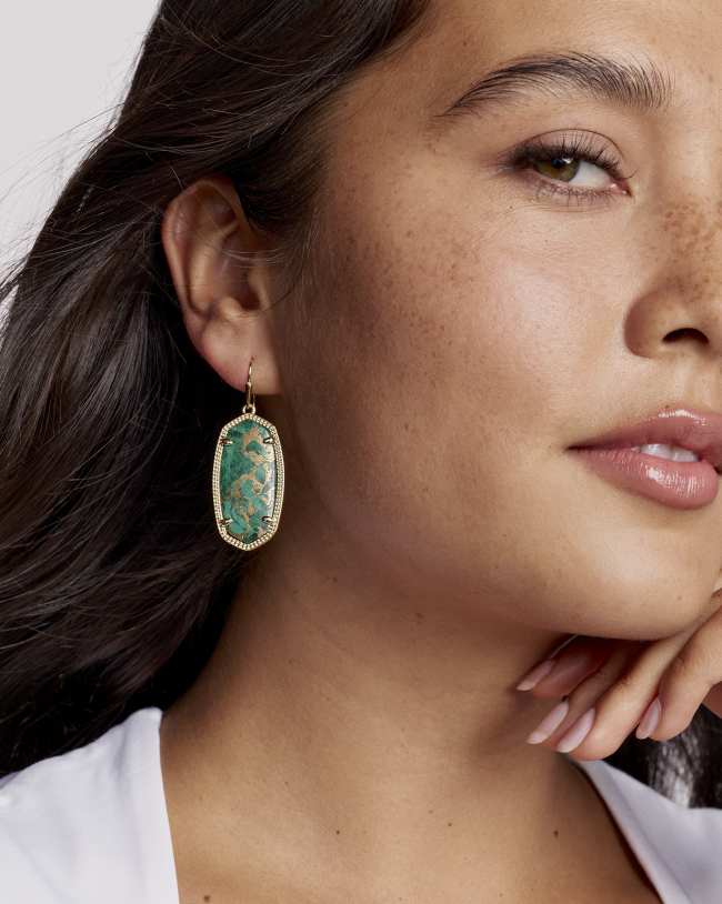 Elle Lattice Frame Gold Drop Earrings in Bronze Veined Green Malachite