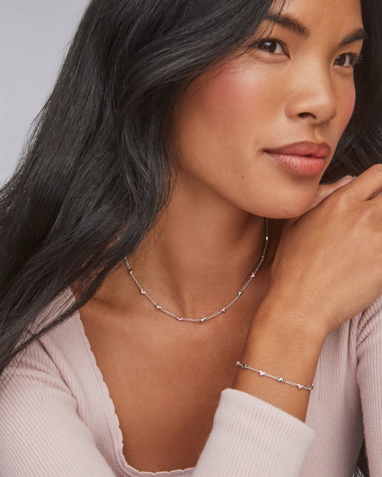 Haven Silver Delicate Chain Bracelet in Pink Enamel