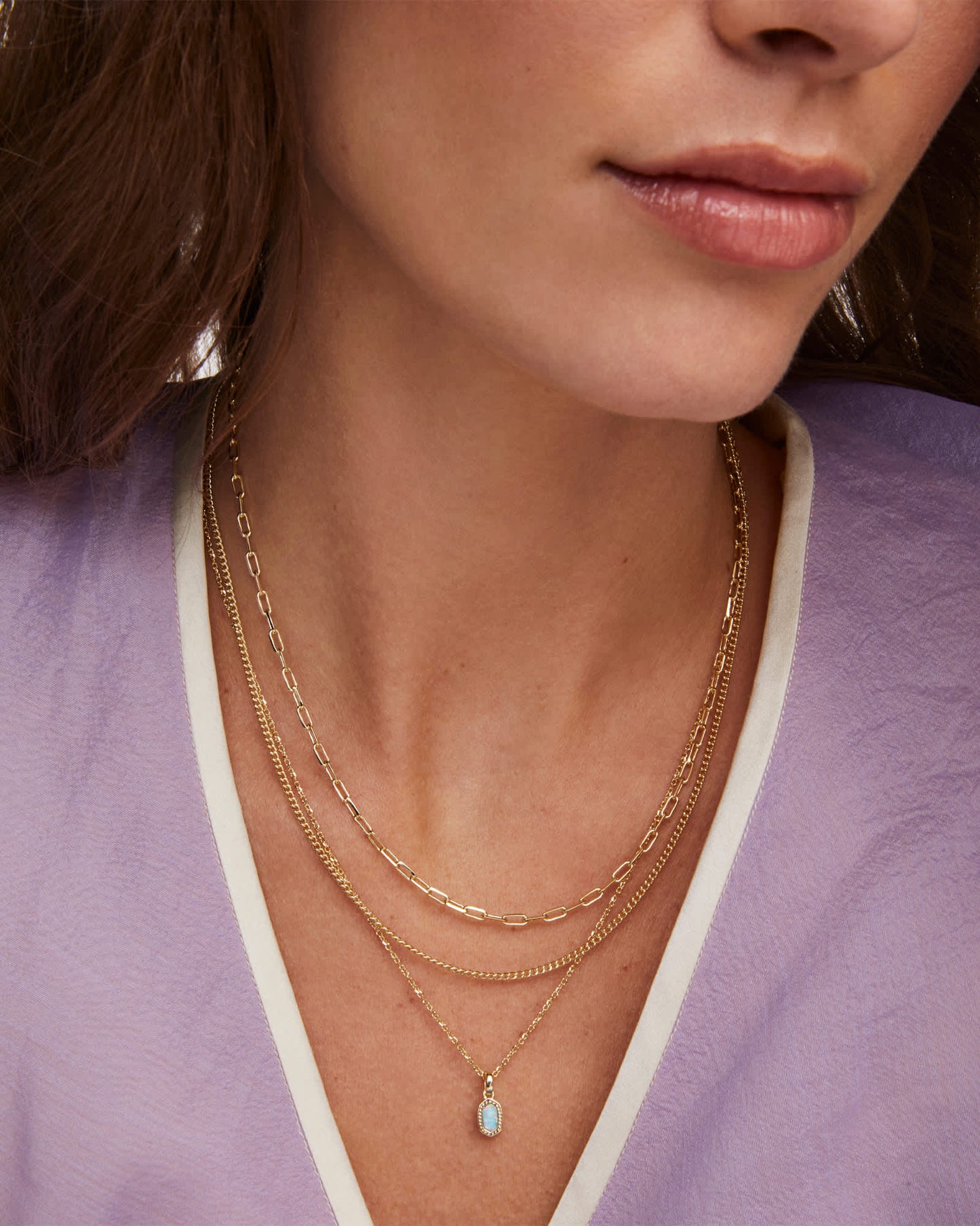 Mini Elisa Gold Triple Strand Necklace in Light Teal Kyocera Opal