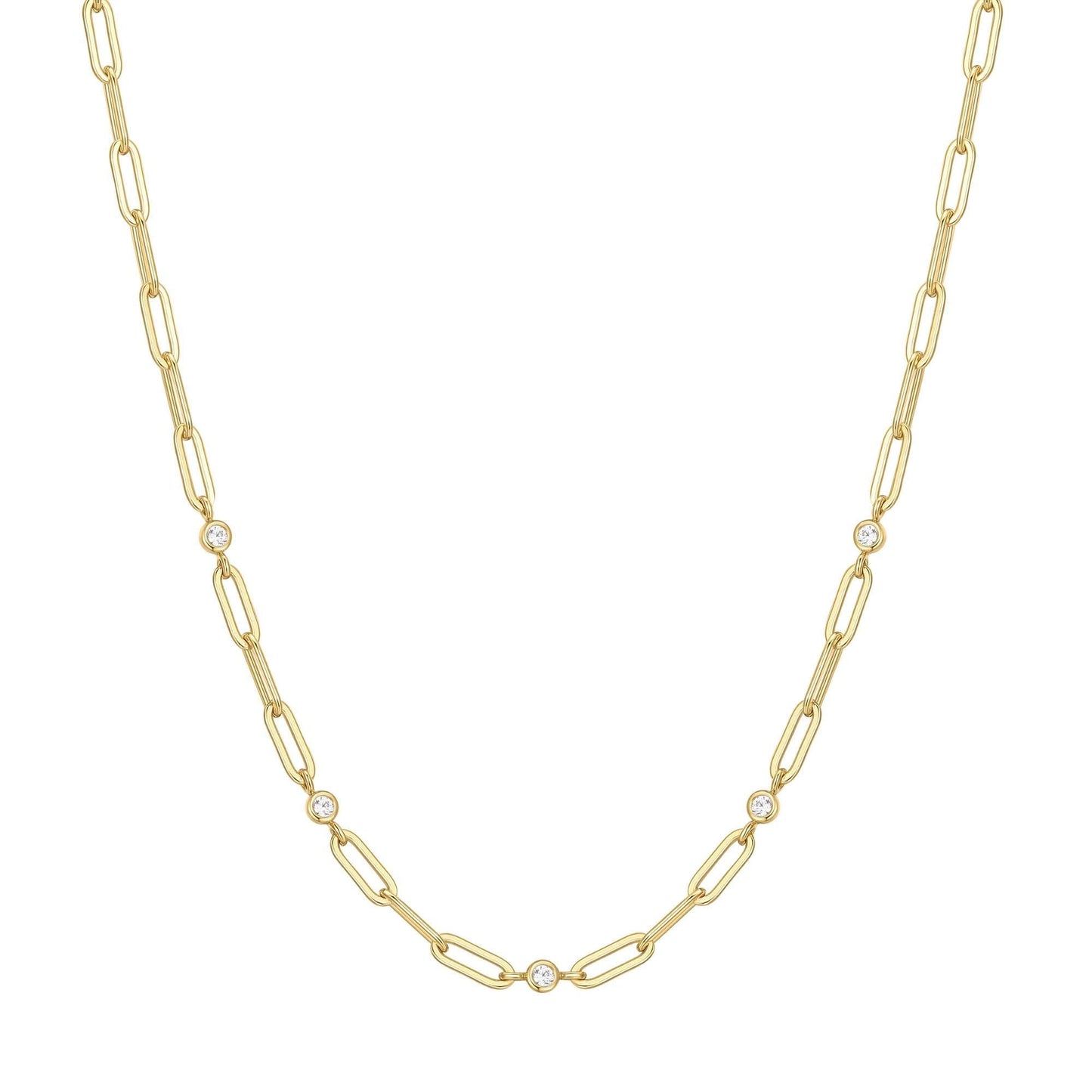 Gold Bezel Station Paper Clip Chain Necklace