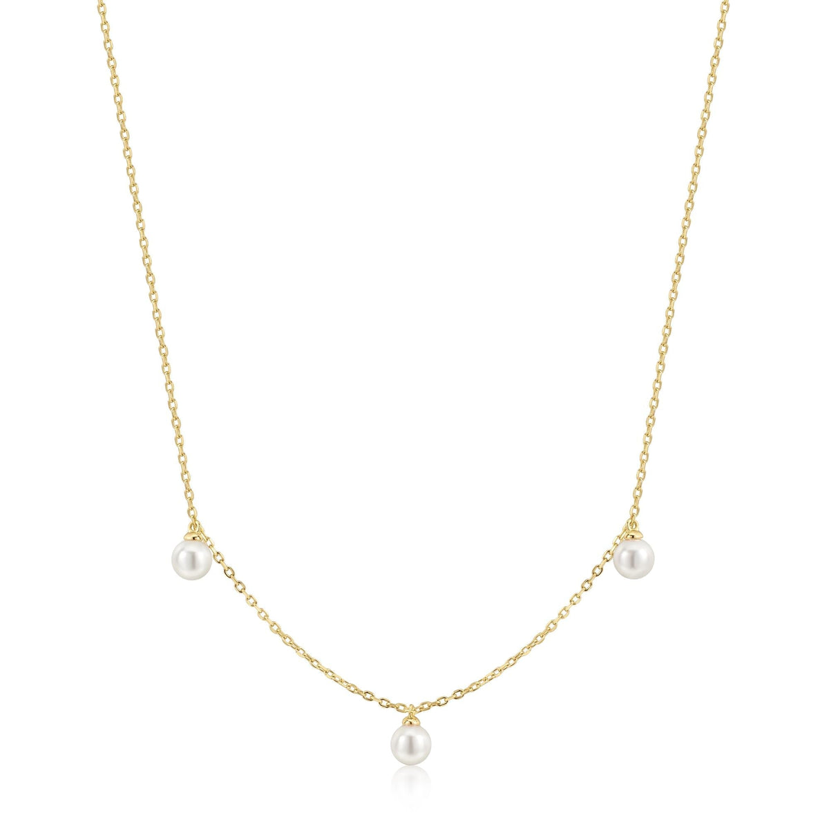 Gold Triple Shell Pearl Station Necklace