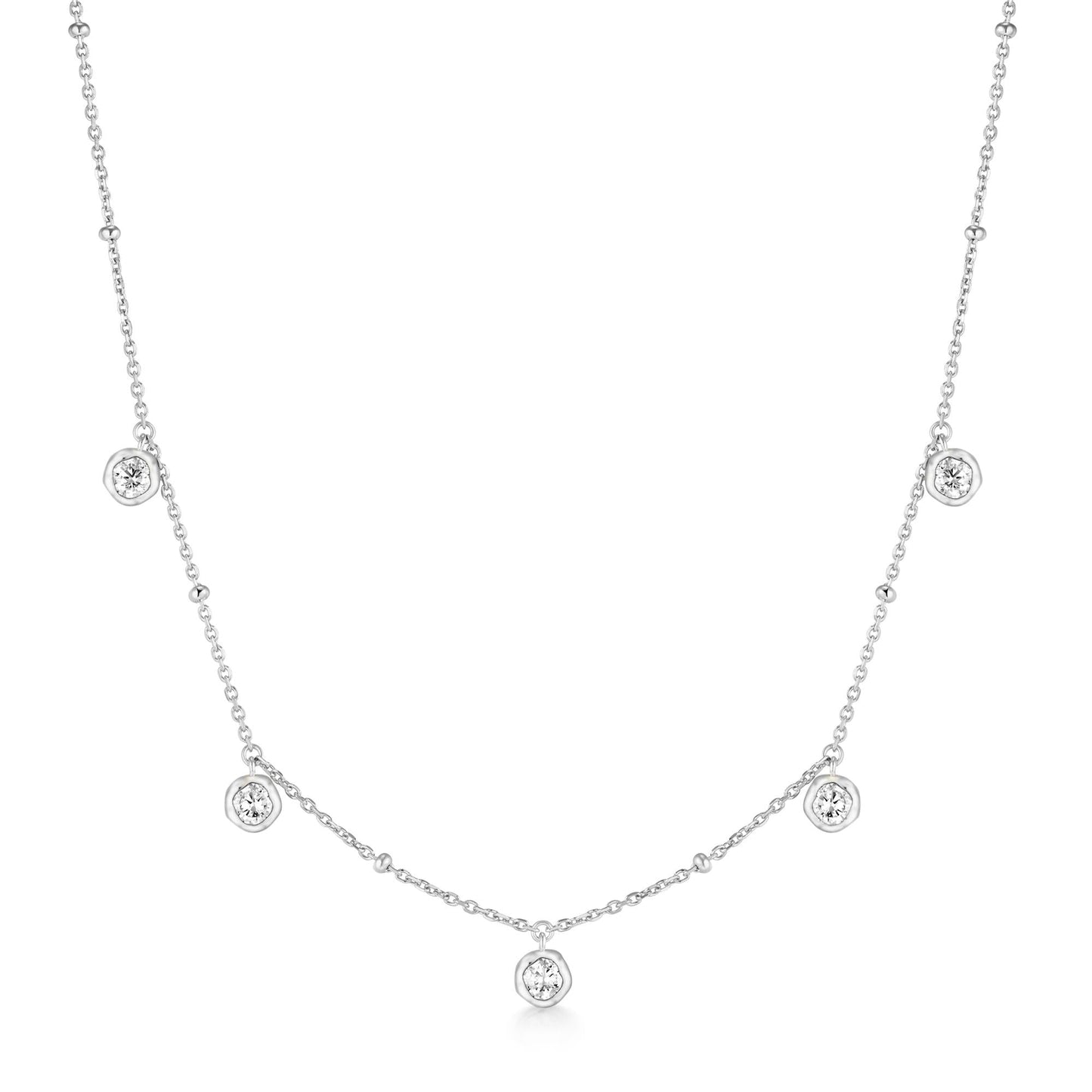 Silver Molten Bezel-Set Droplet Station Necklace