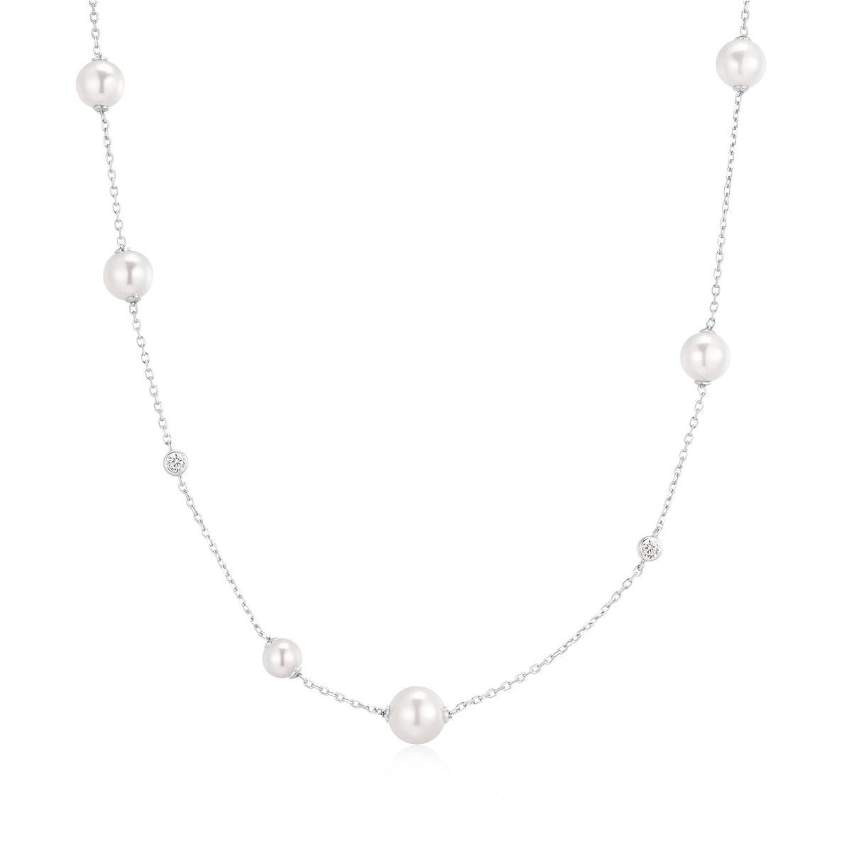 Silver Asymmetric Shell Pearl Station Necklace