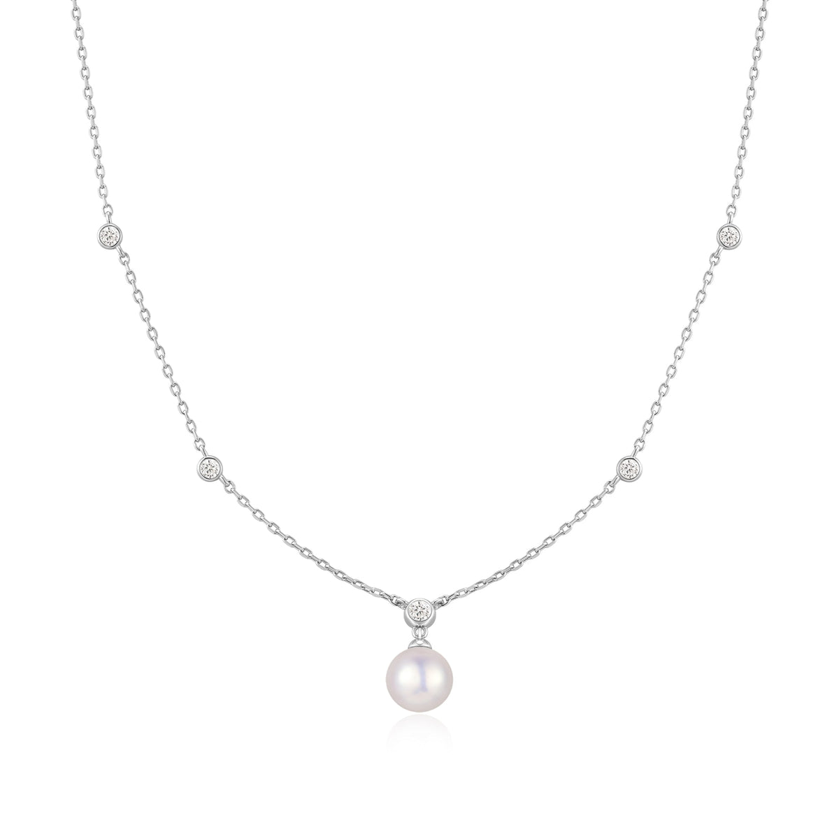 Silver Bezel-Set Station Necklace with Shell Pearl Pendant