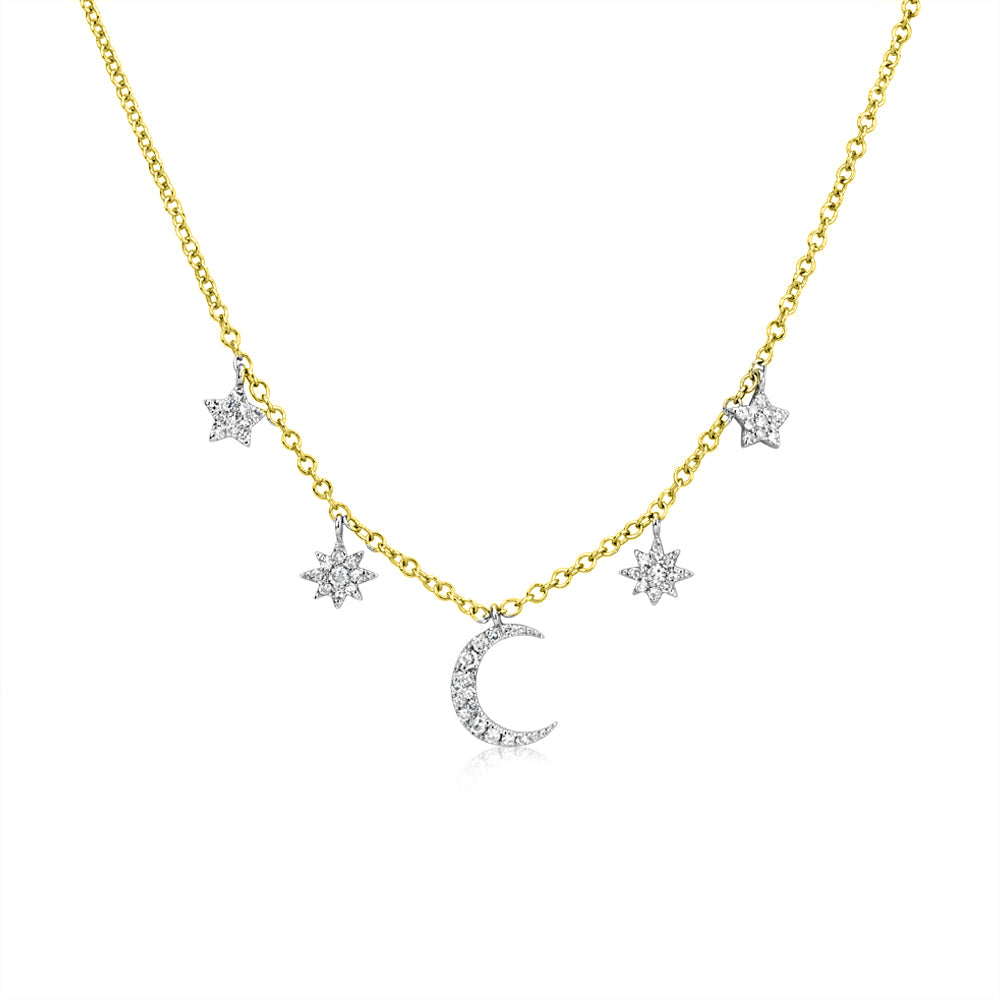 Sisterly Style Yellow Gold Moon & Star Diamond Necklace