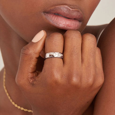 Silver Sparkle Emblem Thick Band Ring