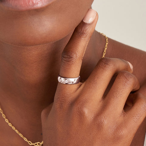 Silver Sparkle Emblem Thick Band Ring