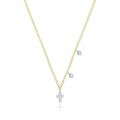 Yellow Gold Dainty Cross and Bezel Diamond Necklace
