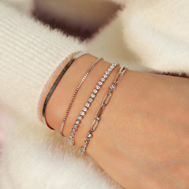 Silver Bezel Station Paper Clip Chain Bracelet