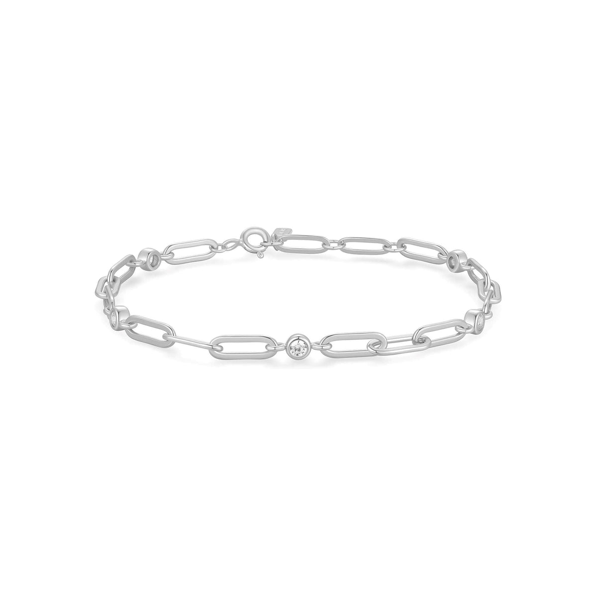 Silver Bezel Station Paper Clip Chain Bracelet