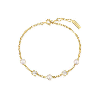 Gold Bezel-Set Cube and Pearl Station Bracelet