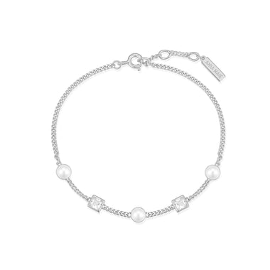 Silver Bezel-Set Cube and Pearl Station Bracelet