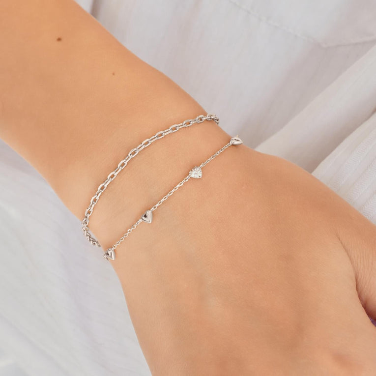 Silver Pavé Puffed Heart Station Bracelet