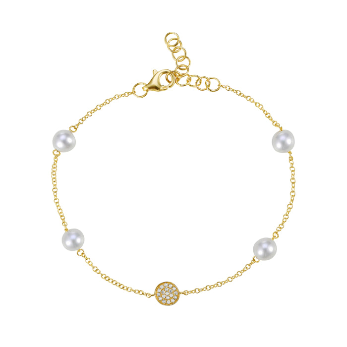 14 Karat Yellow Gold Pearl and Diamond Bracelet