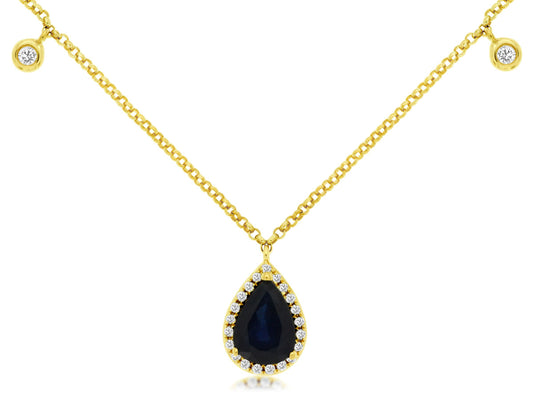 PEAR CUT BLUE SAPPHIRE & DIAMOND NECKLACE | 14kt Yellow Gold