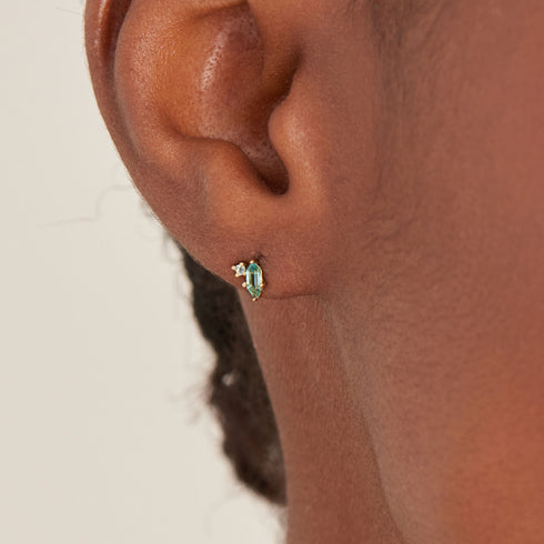 Gold Teal Sparkle Emblem Stud Earrings