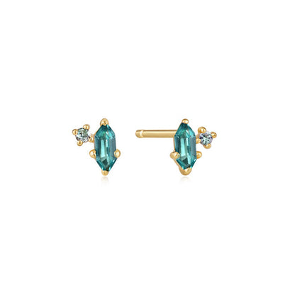 Gold Teal Sparkle Emblem Stud Earrings