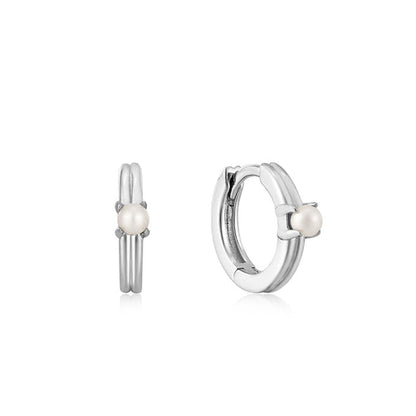 Silver Pearl Cabochon Huggie Hoop Earrings