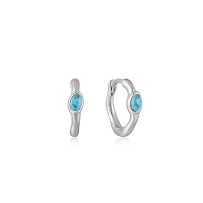 Silver Turquoise Wave Huggie Hoop Earrings