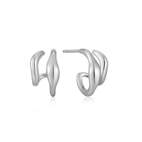 Silver Wave Double Hoop Stud Earrings