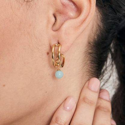 Gold Orb Amazonite Stud Mini Hoop Earrings