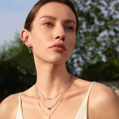 Silver Black Agate Huggie Hoop Earrings