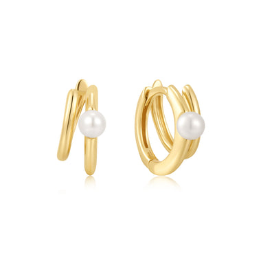 Gold Parallel Duo Freshwater Pearl Huggies