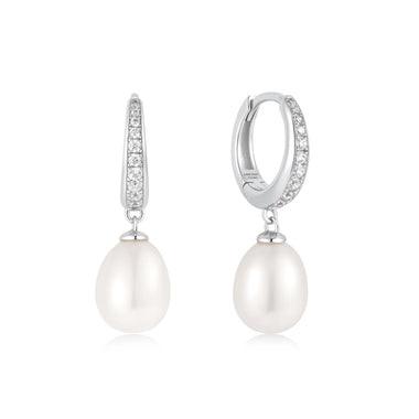 Silver Freshwater Pearl and White Cubic Zirconia Pavé Drop Huggies