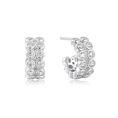 Silver Double Row White Cubic Zirconia Bezel Set Stud Huggies