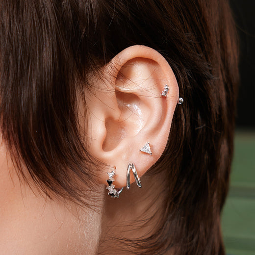 Silver Black/White Triangular Cubic Zirconia Huggies