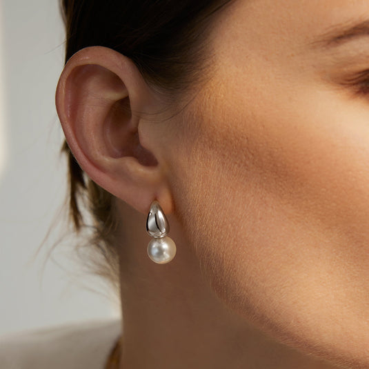 Silver Shell Pearl Dome Hoop Earrings