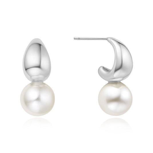 Silver Shell Pearl Dome Hoop Earrings