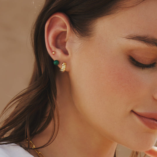 Gold Malachite Sphere Stud Earrings