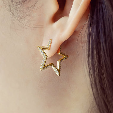 Gold Medium Star Pavé Hoop Earrings
