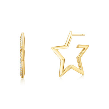 Gold Large Star-Shaped Pavé Hoop Earrings