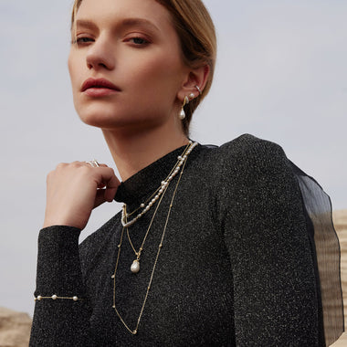 Gold Sparkling Duet Mixed Shell Pearl Drop Huggie Hoop Earrings