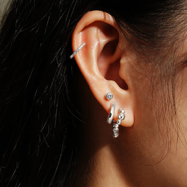 Silver Bezel Beaded Curved Huggie Hoop Earrings