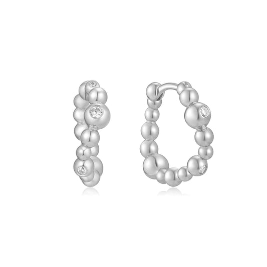 Silver Bezel Beaded Curved Huggie Hoop Earrings