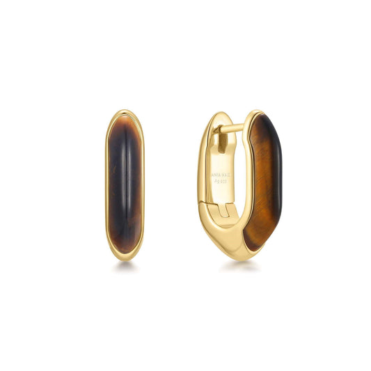 Gold Tiger Eye Huggie Hoop Earrings