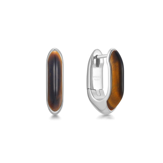 Silver Tiger Eye Huggie Hoop Earrings