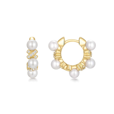 Gold Sparkling Braided Shell Pearl Huggie Hoop Earrings
