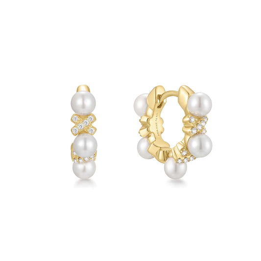 Gold Sparkling Braided Shell Pearl Huggie Hoop Earrings