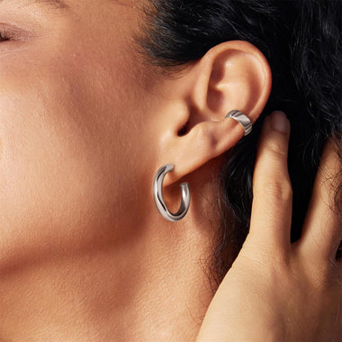 Silver Classic Tube Medium Huggie Hoop Earrings