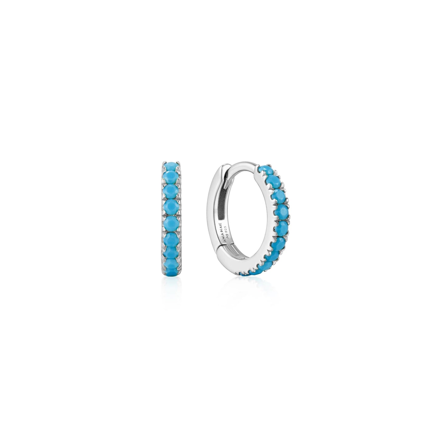 Silver Aqua Blue Row Huggie Hoop Earrings