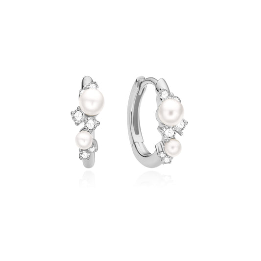 Silver Shell Pearl Cluster Huggie Hoop Earrings