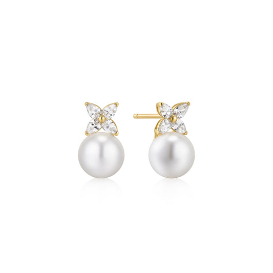 Gold Shell Pearl & Lucky Clover Stud Earrings